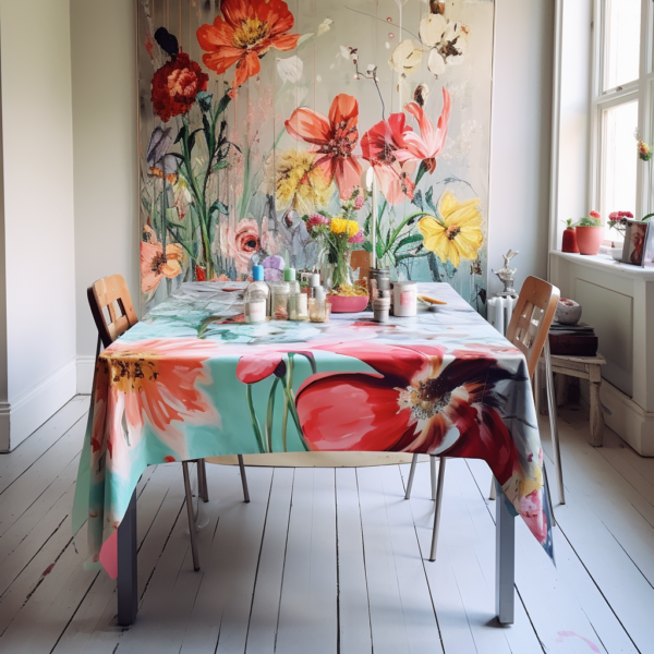 mooie moderne woonlook met tafelzeil natuurlijk decoratief