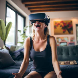 Vrouw onder indruk van kamer in virtual en augmented reality woonkamer inspiratie natuurlijk decoratief